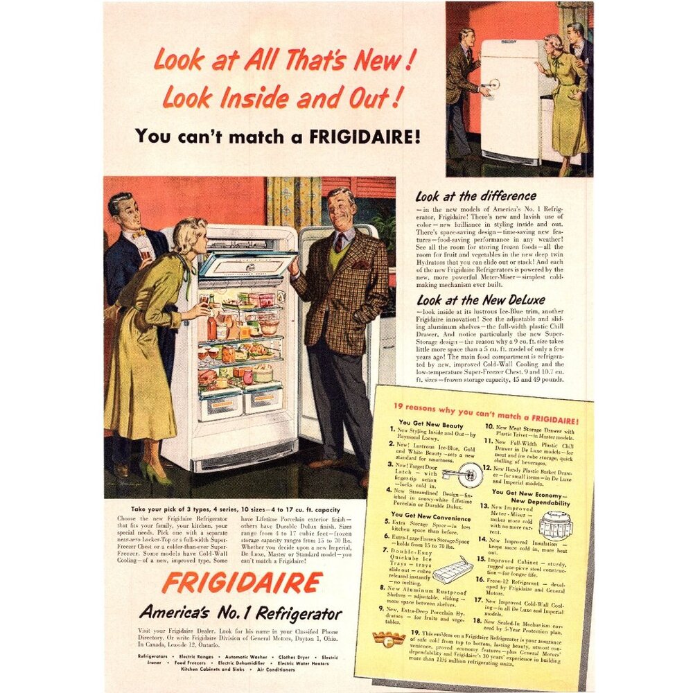 1950 Frigidaire Refrigerator Fridge Vintage Print Ad Housewife Kitchen Wall Art